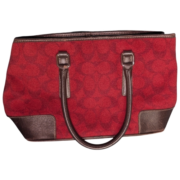 Vintage Coach • Signature Wool & Leather Tote Bag F1J-7723 Burgundy Oxblood Y2K - Picture 4 of 15